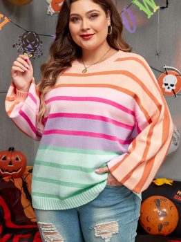 Pink Stripe Color Block Balloon Sleeve Crewneck Plus Size Sweater