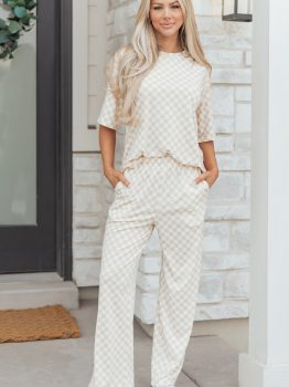 Khaki Checkered Print Half Sleeve Tee 2pcs Lounge Pant Set