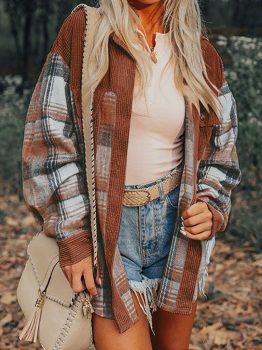Cinnamon Plaid Corduroy Patchwork Chest Pocket Shacket