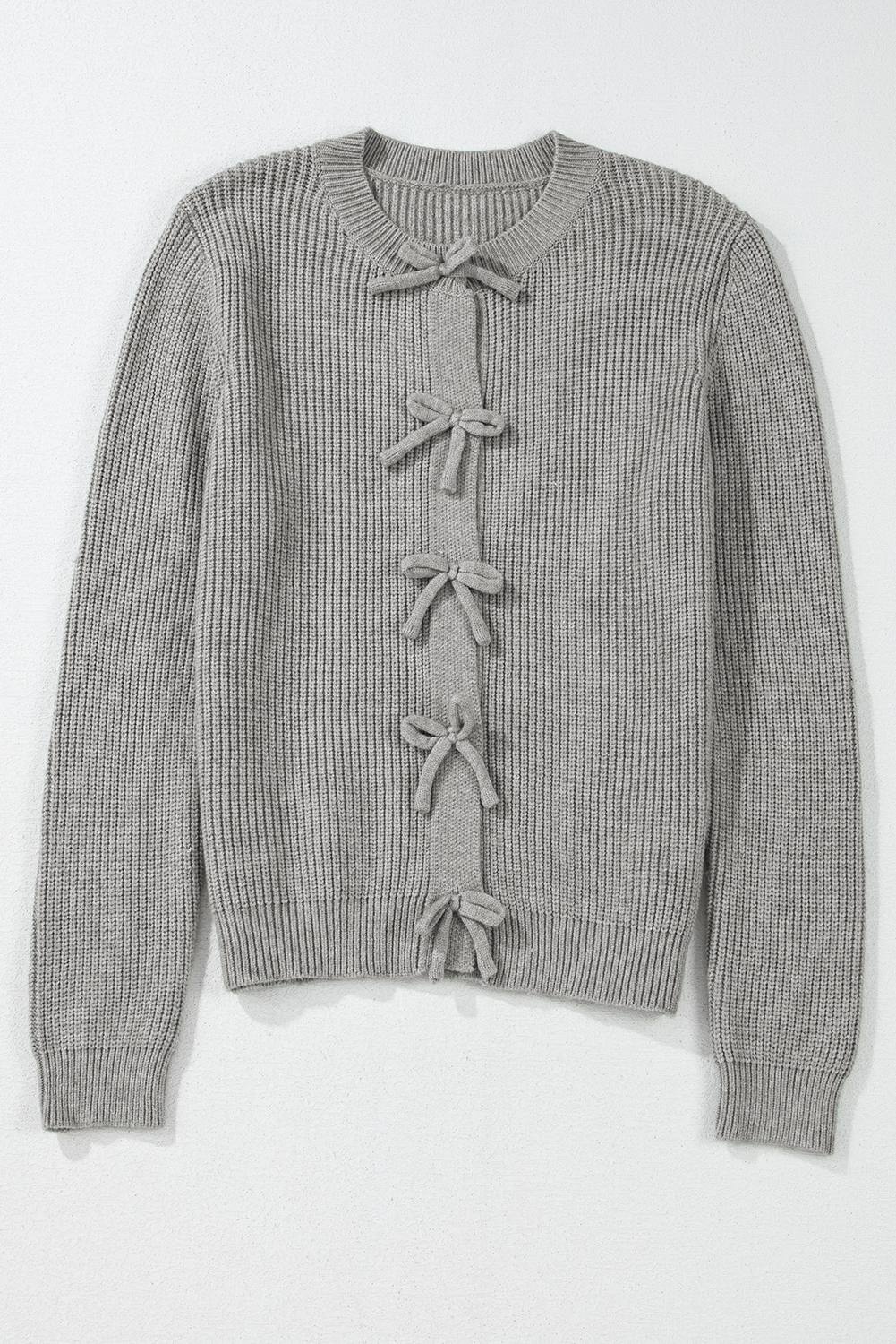 Philippine Gray Ribbed Knit Bow Front Buttoned Cardigan - Image 7