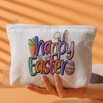 White Happy Easter Playful Printed Corduroy Makeup Bag