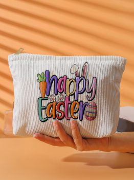 White Happy Easter Playful Printed Corduroy Makeup Bag