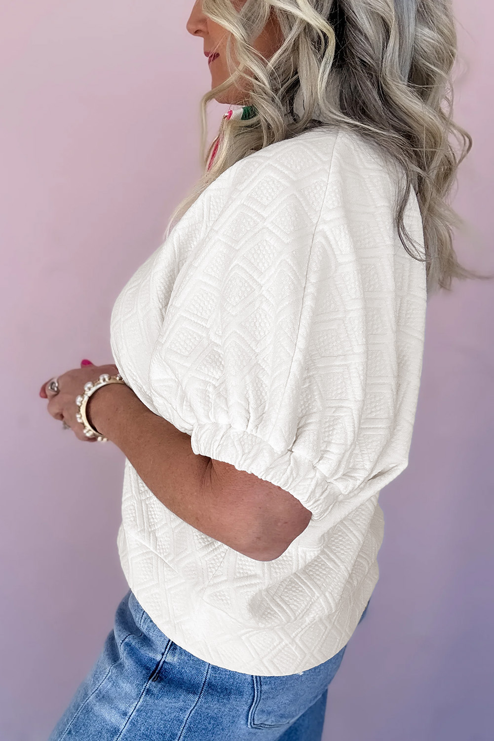 White Contrast Striped Collar Patchwork Textured Half Sleeve Blouse - Image 5