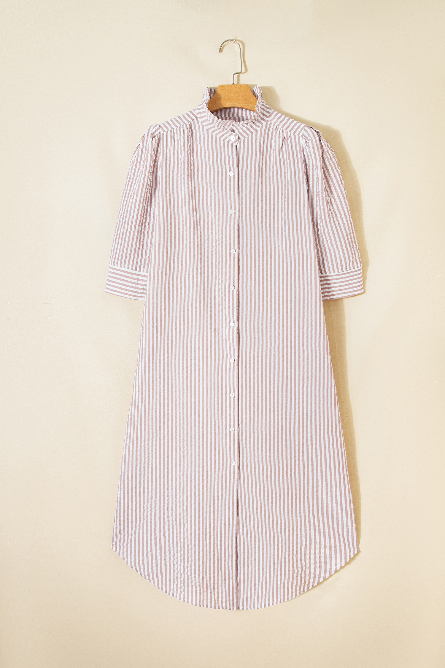 Khaki Stripe Frilled Collar Half Sleeve Shirt Maxi Dress - Image 8