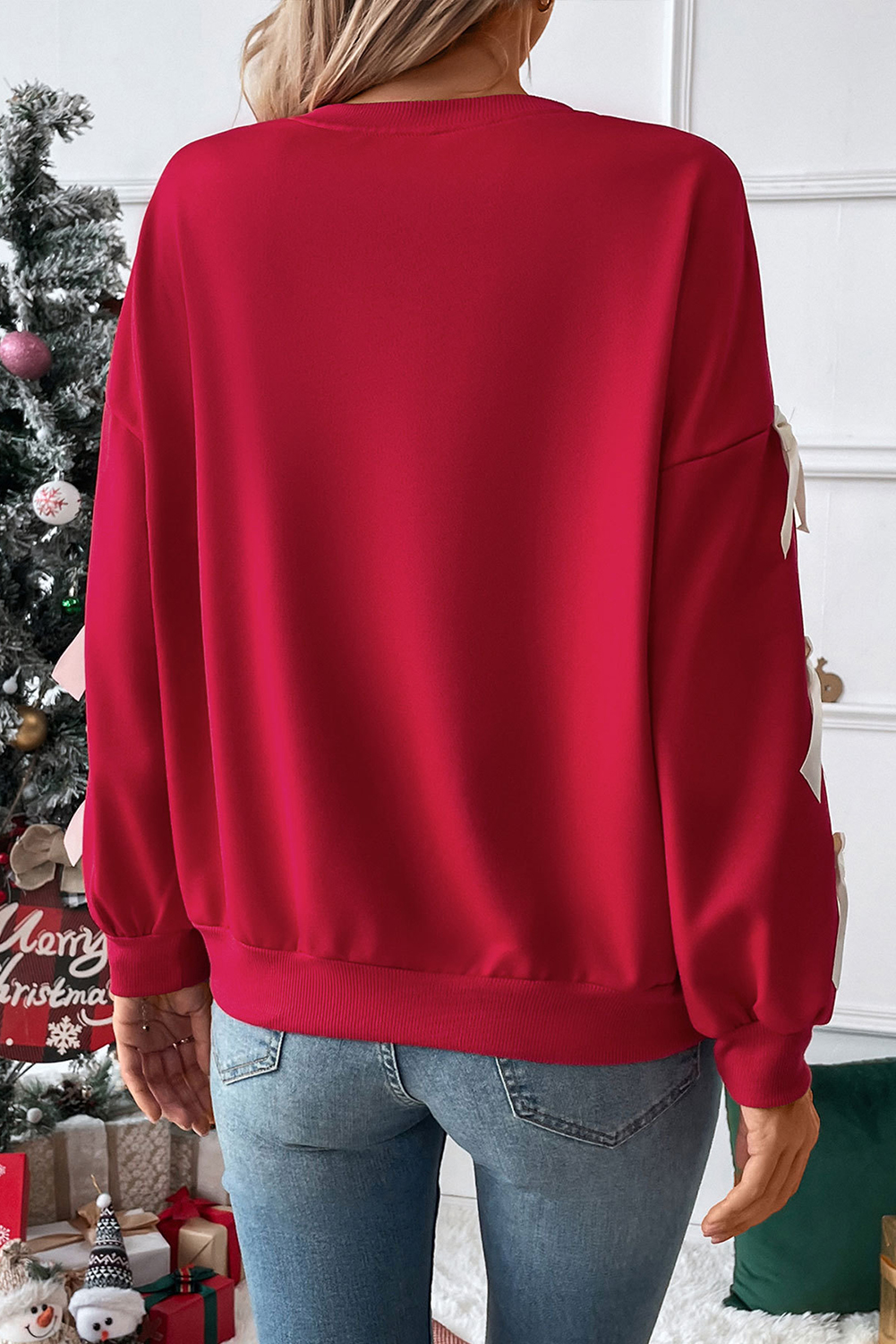 Fiery Red Contrast Bow Decor Dropped Sleeve Crewneck Sweatshirt - Image 2