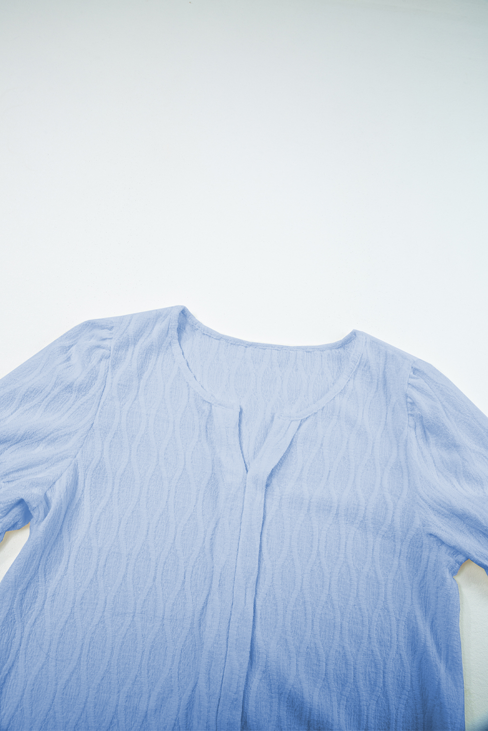 Beau Blue Solid Color Textured Notched Neck Puff Sleeve Blouse - Image 8