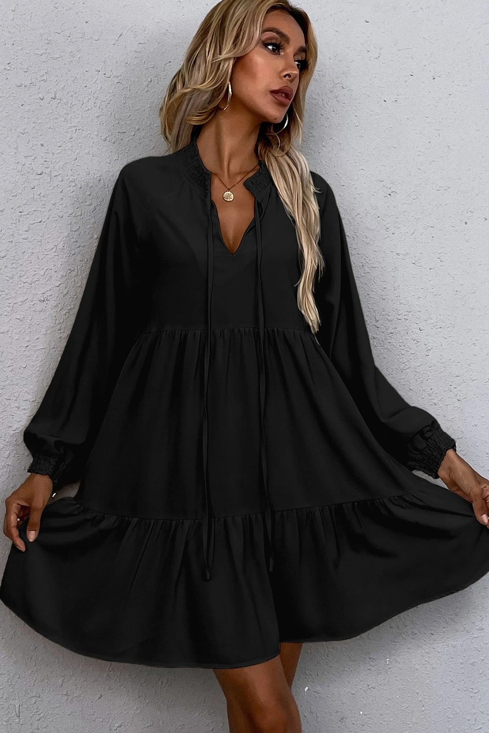 Black Tie Split Neck Smocked Detail Long Puff Sleeve Ruffle Hem Loose Dress - Image 5