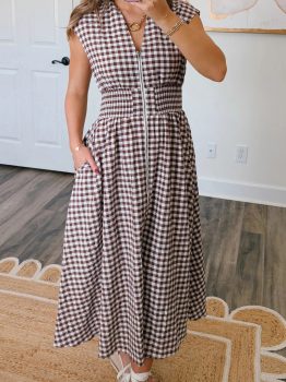 Coffee Plaid Print Full Zipper Cinched Waist Fit Flare Sleeveless Maxi Dress