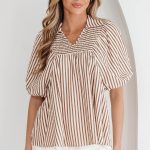Brown Stripe Shirred V Neck Short Puff Sleeve Blouse