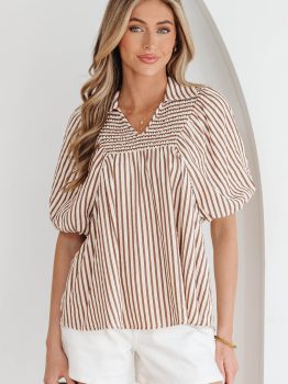 Brown Stripe Shirred V Neck Short Puff Sleeve Blouse