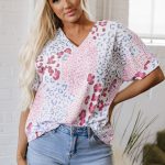 Pink Mixed Leopard Print V Neck Short Sleeve Blouse