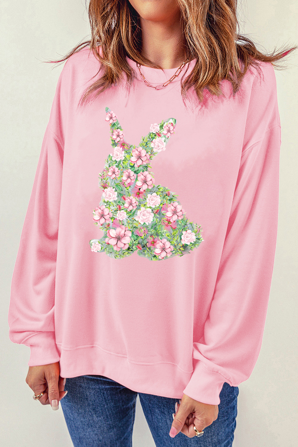 Pink Floral Bunny Printed Crewneck Easter Fashion Sweatshirt - Image 2