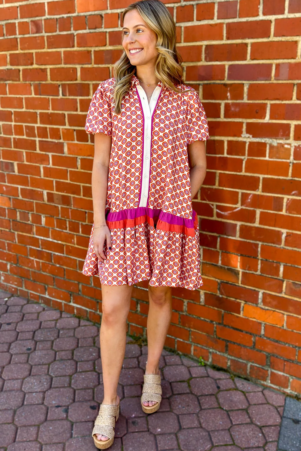 Orange Geometric Floral Print Color Block Trim Button Front Ruffle Hem Dress - Image 5