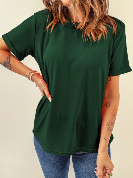Green Casual Plain Crew Neck Tee