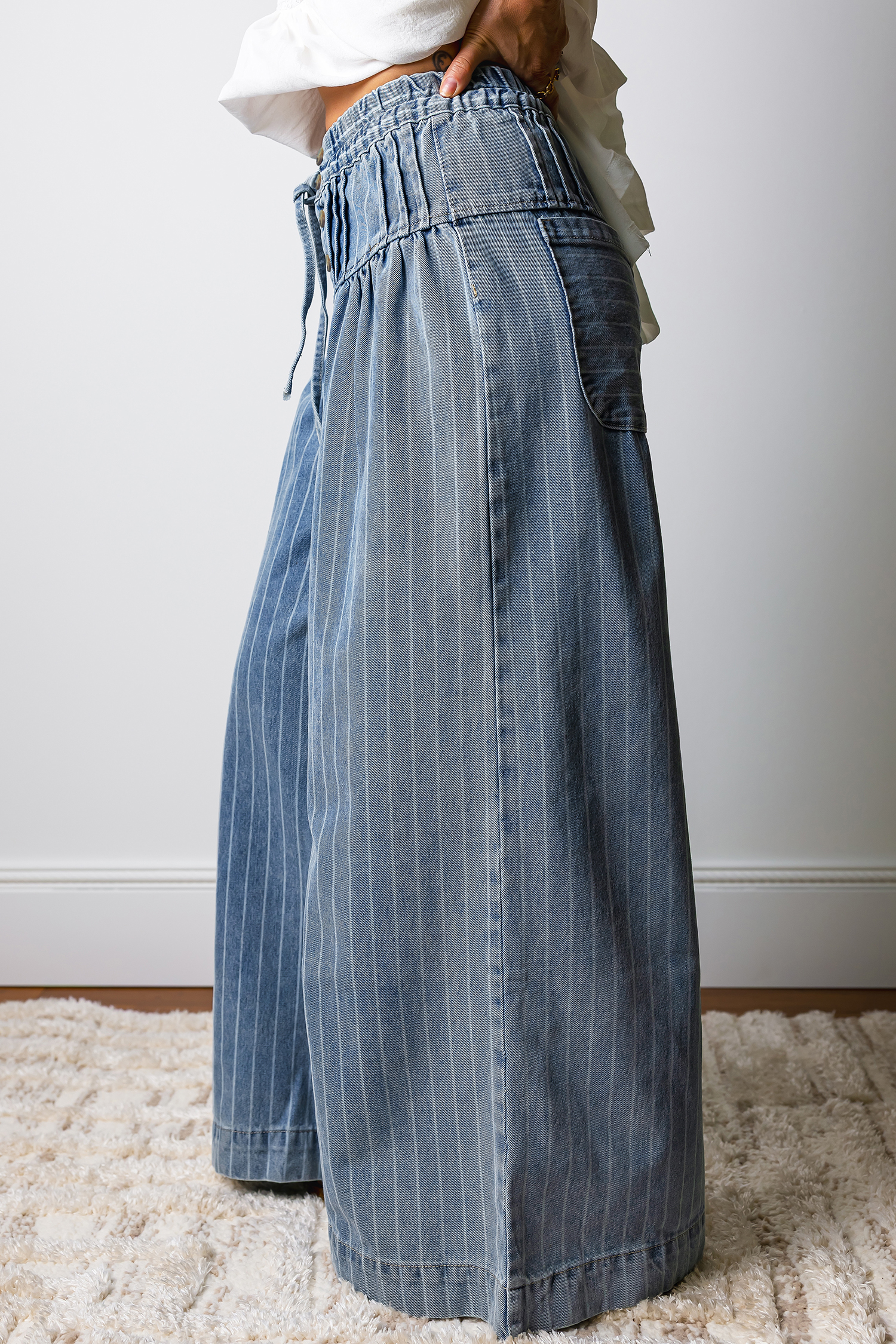 Sky Blue Stripe Button Pleated Drawstring Waist Casual Wide Leg Jeans - Image 3