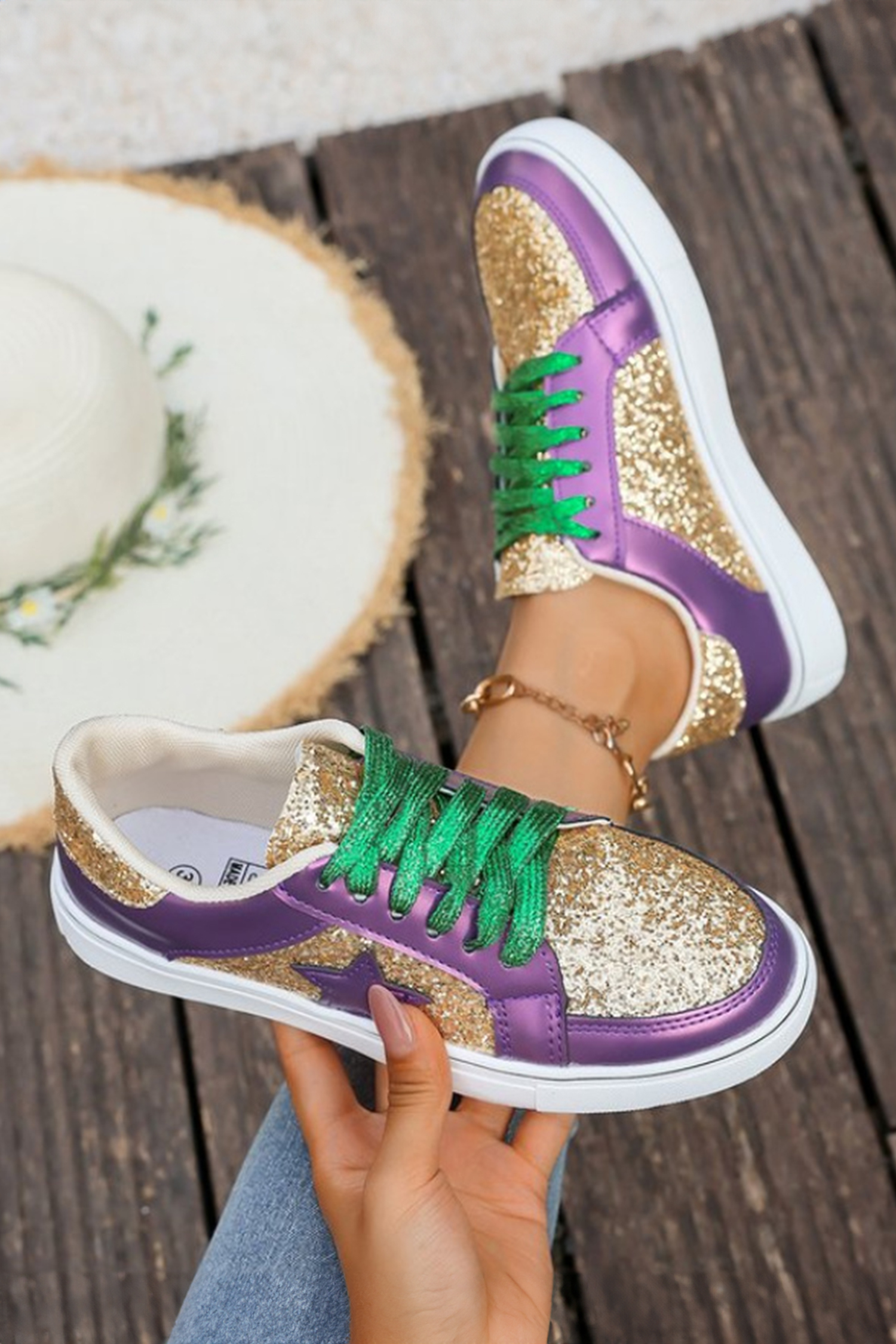 Tillandsia Purple Dearlove Glitter Star Patchwork PU Leather Lace-up Sneakers - Image 5