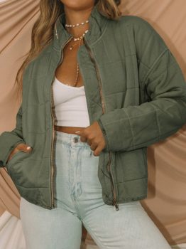 Green Zip-Up Pocket Quilted Jacket