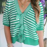 Green Stripe Short Sleeve Knit V Neck Bow Knot Sweater