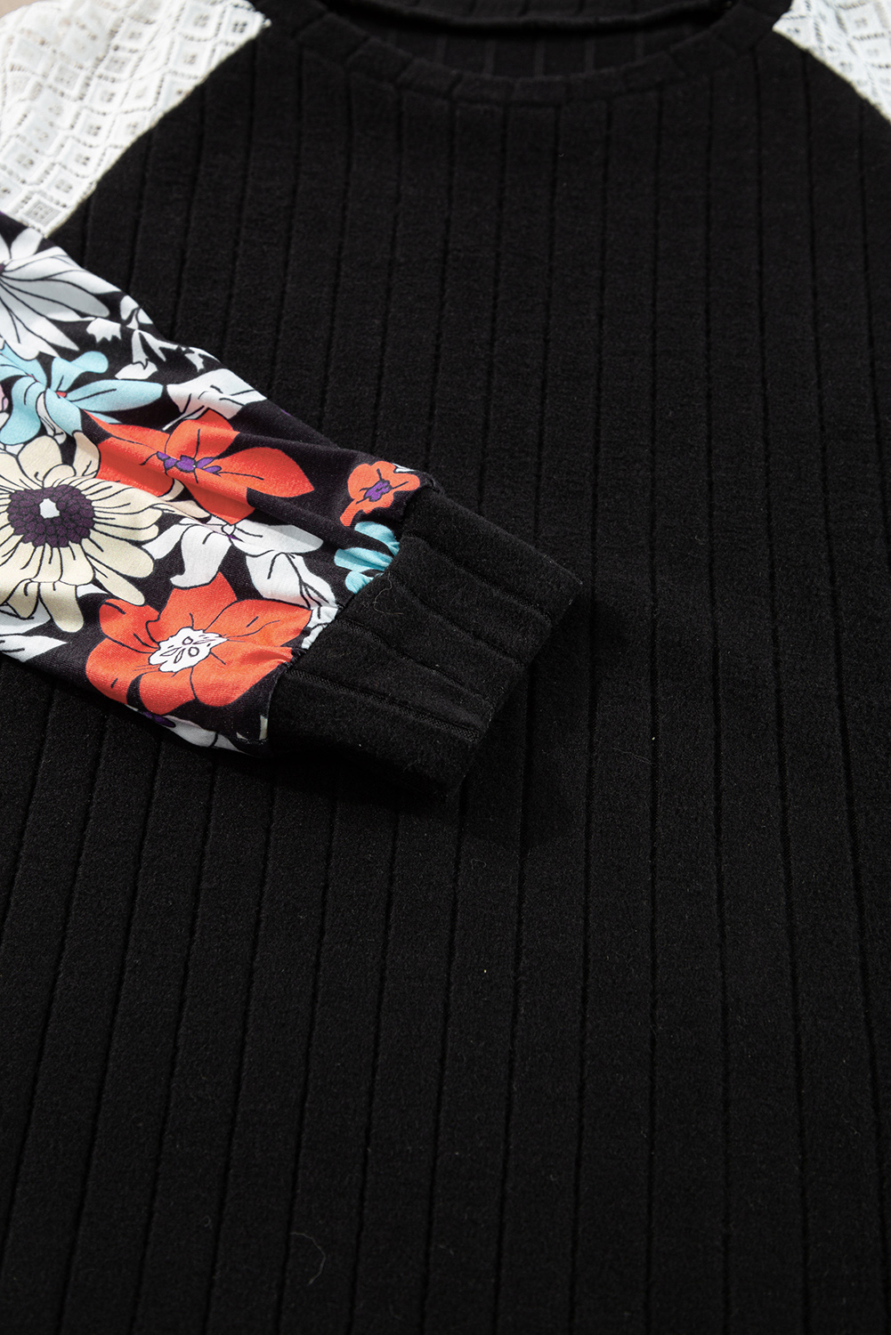Black Floral Patchwork Long Sleeve Ribbed Blouse - Image 6