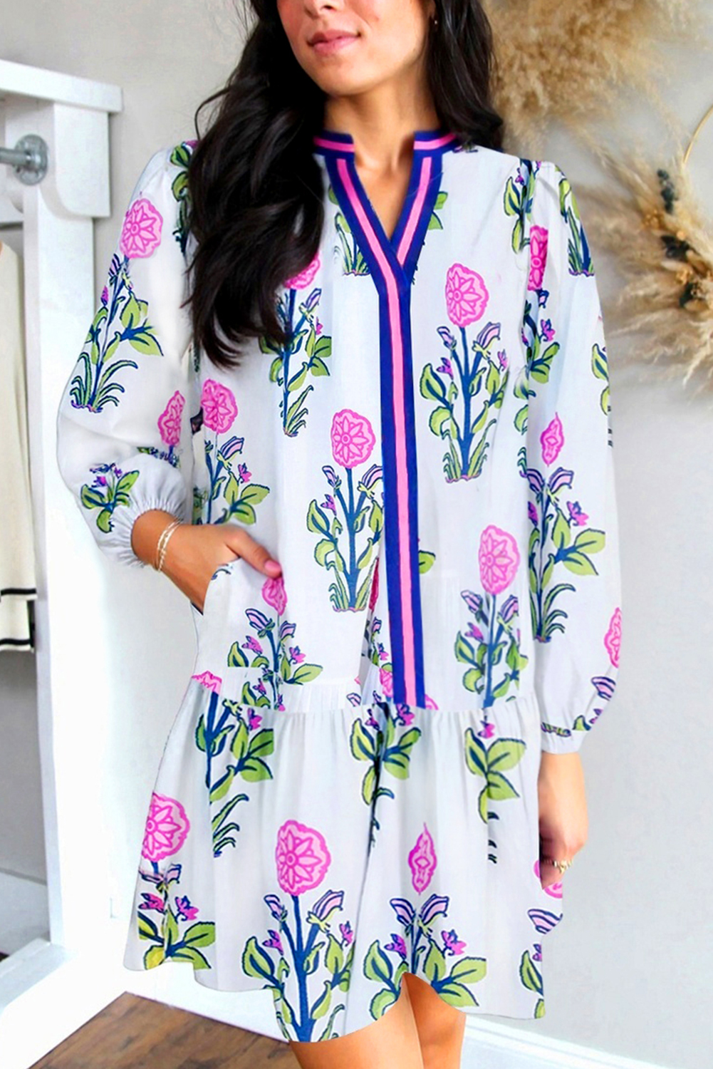 White Floral Print Contrast Striped Trim Notched Neck Long Sleeve Dress - Image 2