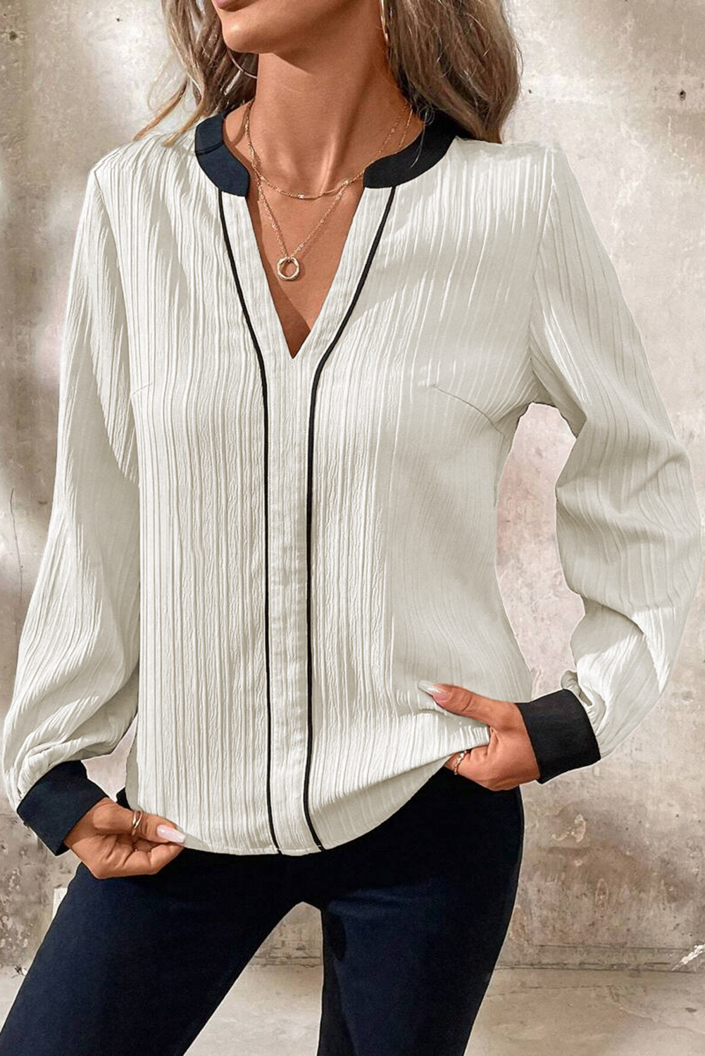 White Textured Colorblock V Neck Elegant Blouse - Image 3