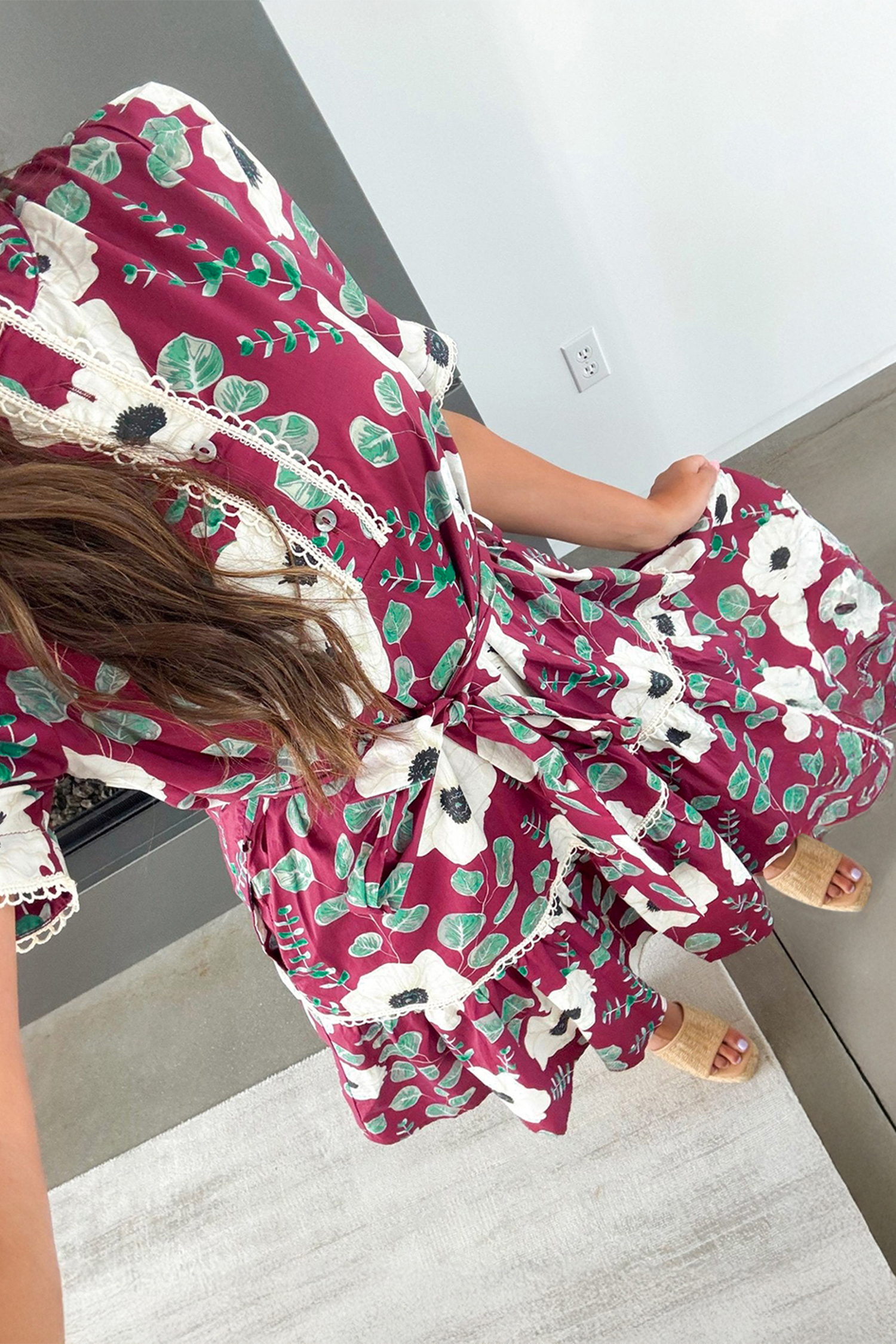 Red Floral Print Trimmed Short Puff Sleeve Mini Dress with Belt - Image 8