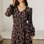 Brown Ditsy Floral Print Split Neck Long Sleeve Shirred Waist Flared Mini Dress