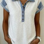 Light Grey Denim Color Block Patchwork Shirt Collar Short Sleeve Blouse