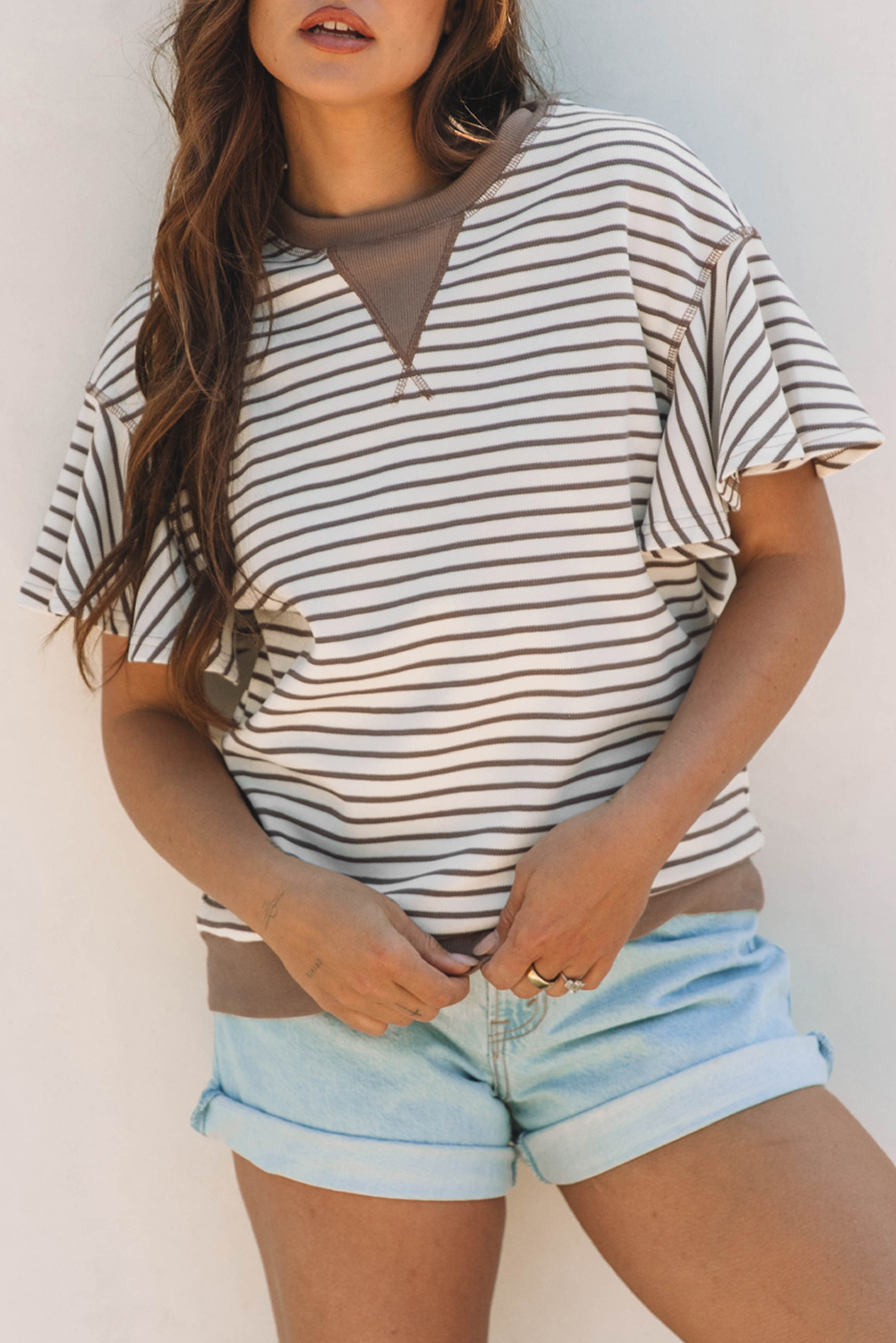 Parchment Contrast Detail Striped Ruffle Short Sleeve Top - Image 6