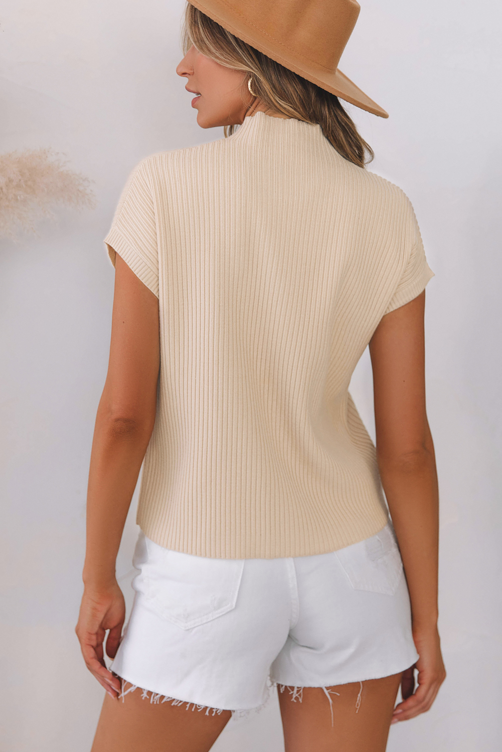 Oatmeal Patch Pocket Ribbed Knit Short Sleeve Sweater - Image 7