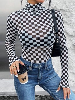 Black Checkered Printed Long Sleeve High Neck Bodysuit