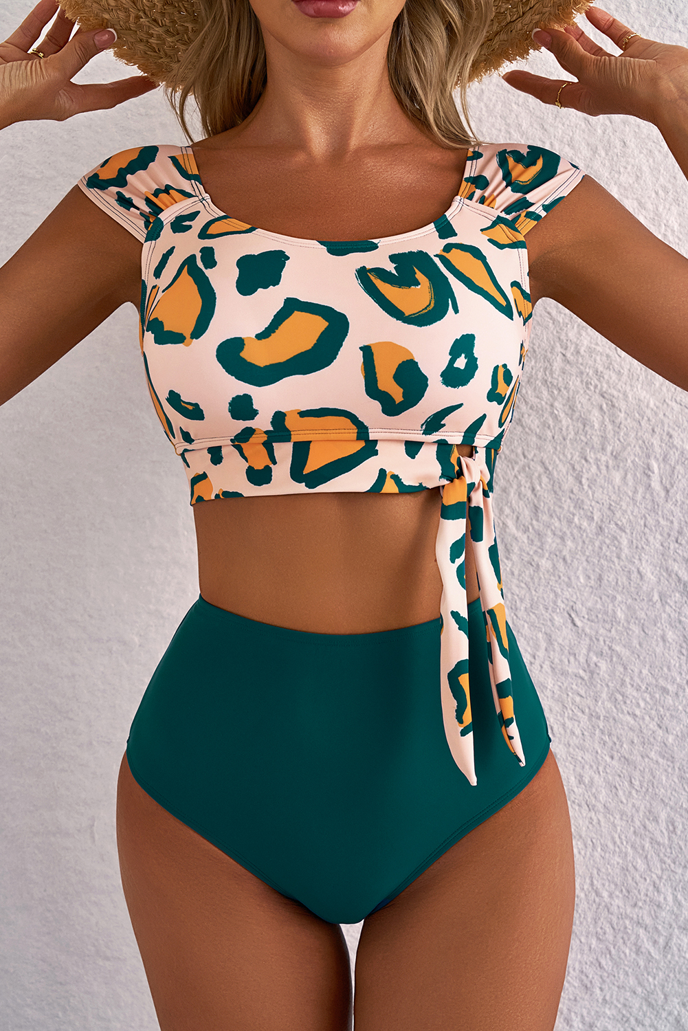 Green Leopard Print U Neck Knotted High Waist Bikini Set - Image 4