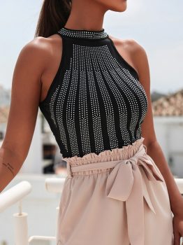 Black High Neck Sleeveless Diamante Bodysuit