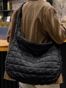 Black Quilted Zipper Large Shoulder Bag