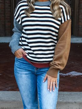 Color black Striped Panels Colorblock Sleeve Chic Sweater