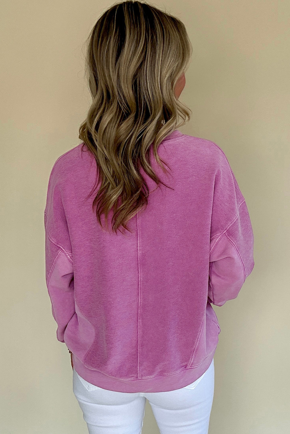 Bright Pink Solid Color Notched Neck Drop Shoulder Sweatshirt - Image 2