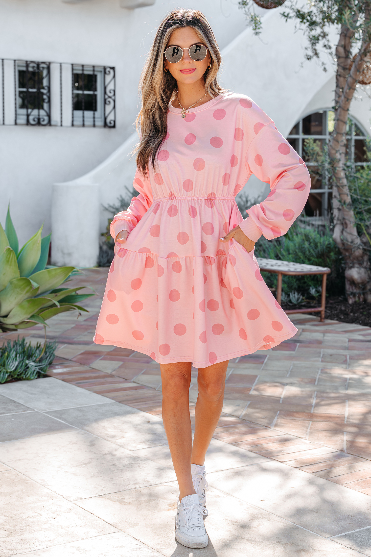 Pink Polka Dot Printed Long Sleeve Flared Mini Dress - Image 5