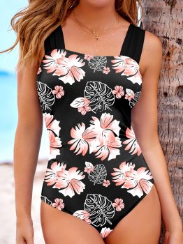 Black Floral Print Square Neck Ruched Tommy Control One Piece Swimsuit