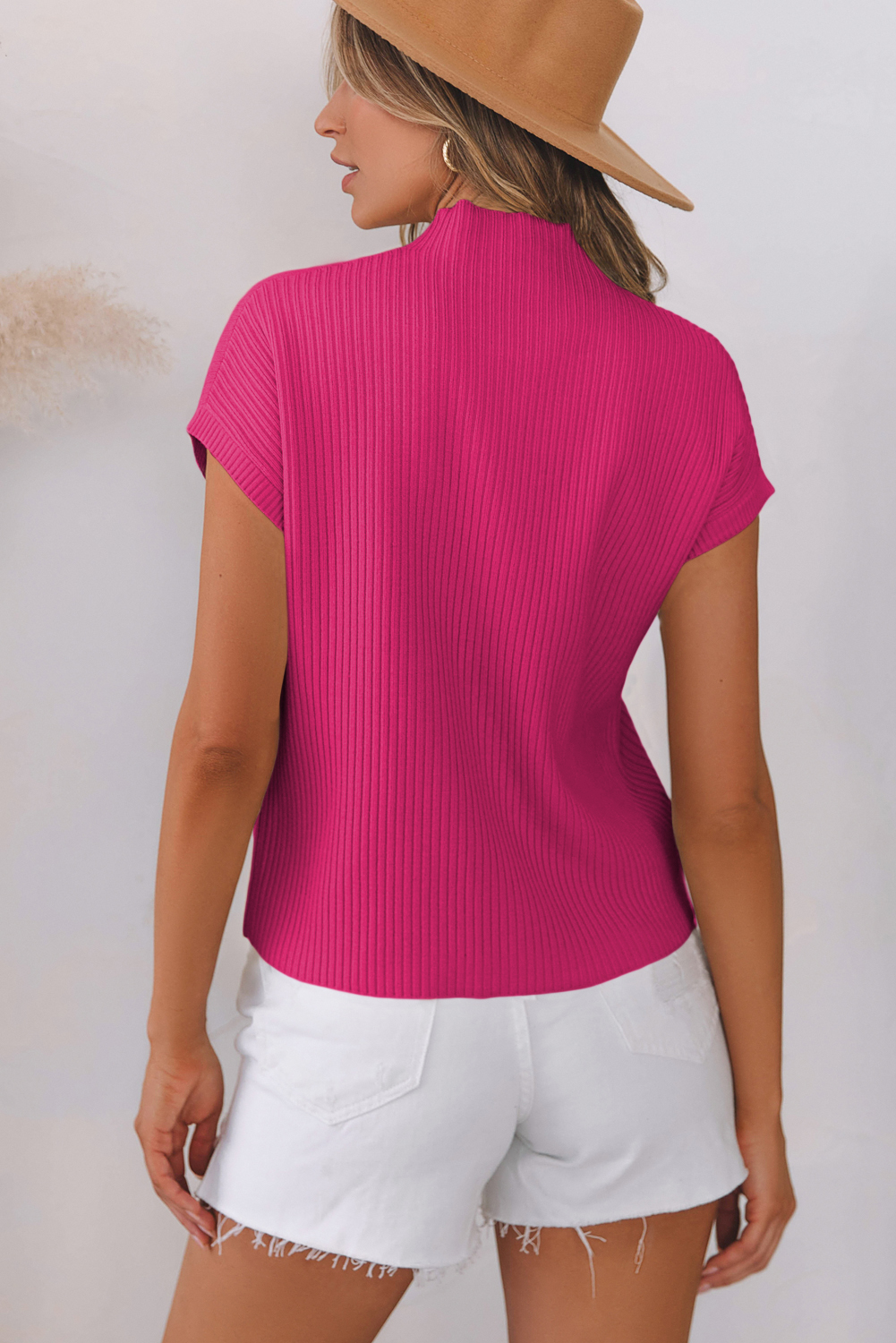 Rose Red Patch Pocket Ribbed Knit Short Sleeve Sweater - Image 5