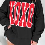 Black Bow Sequin XOXO Letter Graphic Exposed Seam Baggy Sweatshirt