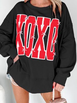 Black Bow Sequin XOXO Letter Graphic Exposed Seam Baggy Sweatshirt