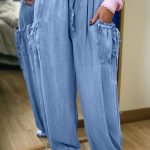 Beau Blue Drawstring Elastic Waist Pocketed Loose Denim Pants