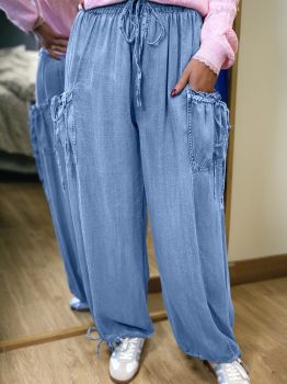 Beau Blue Drawstring Elastic Waist Pocketed Loose Denim Pants