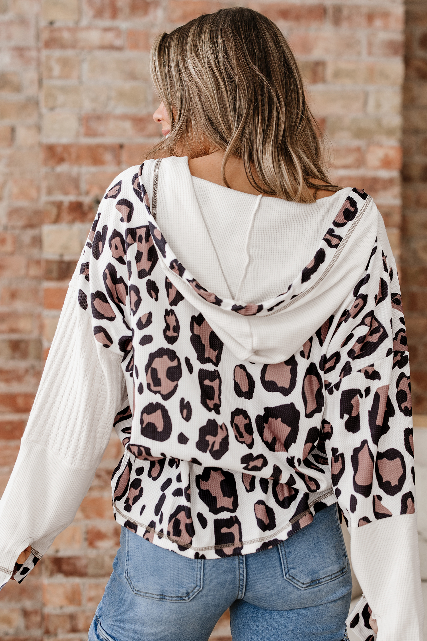 Apricot Oversized Leopard Contrast Mixed Texture Patchwork Zip Up Drop Shoulder Hoodie - Image 3