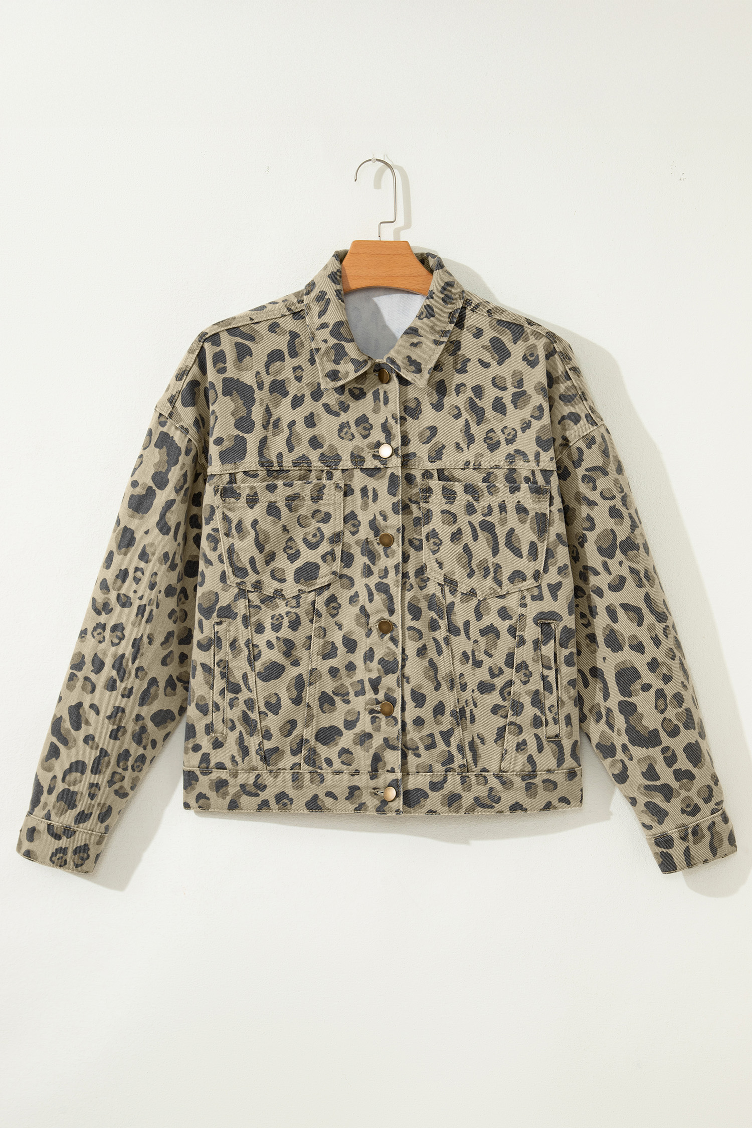 Khaki Retro Leopard Print Seam Detail Button Down Denim Jacket - Image 3