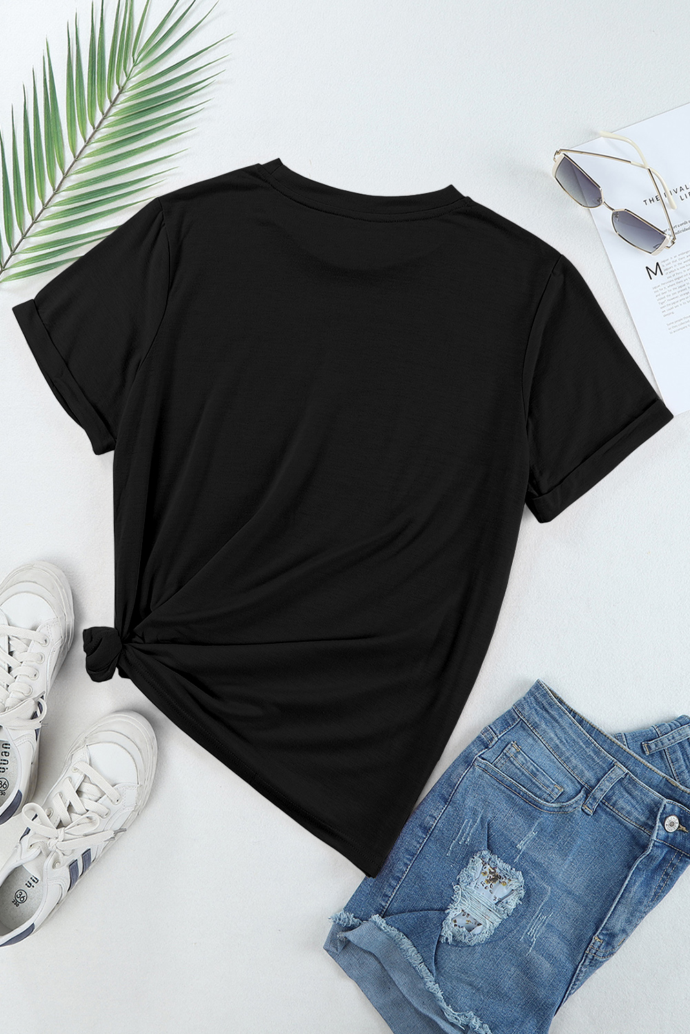 Black Casual Plain Crew Neck Tee - Image 6
