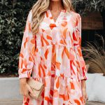 Orange Abstract Print Split Neck Long Sleeve Dress