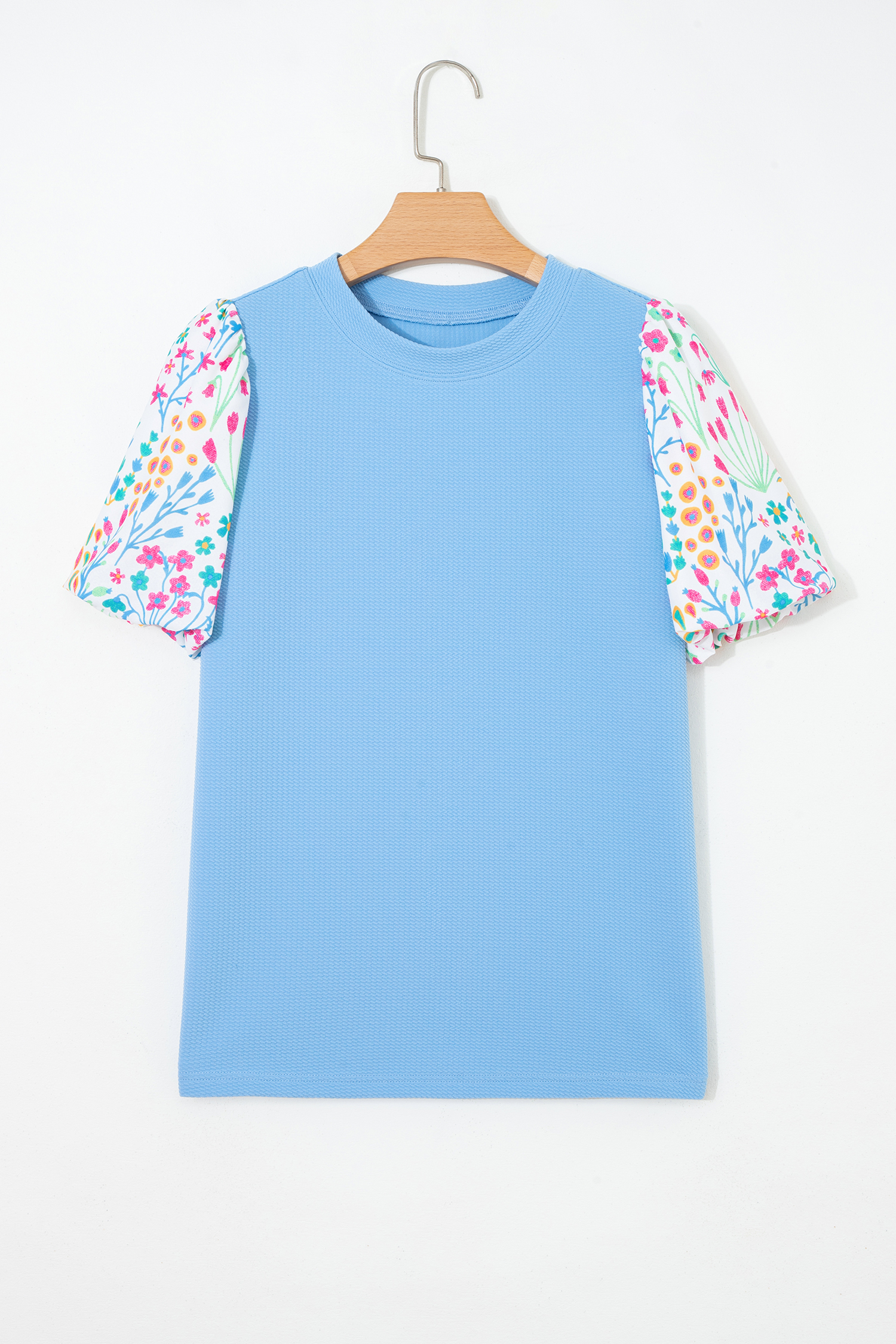 Light Blue Round Neck Textured Contrast Floral Bubble Sleeve Blouse - Image 7