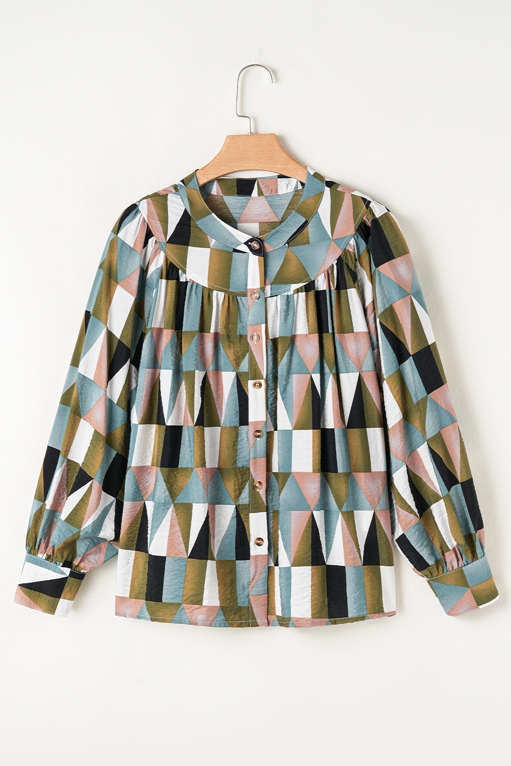 Green Geometric Print Buttoned Balloon Sleeve Loose Fit Shirt - Image 6