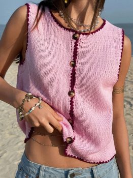 Pink Contrast Trim Buttoned Front Sweater Vest